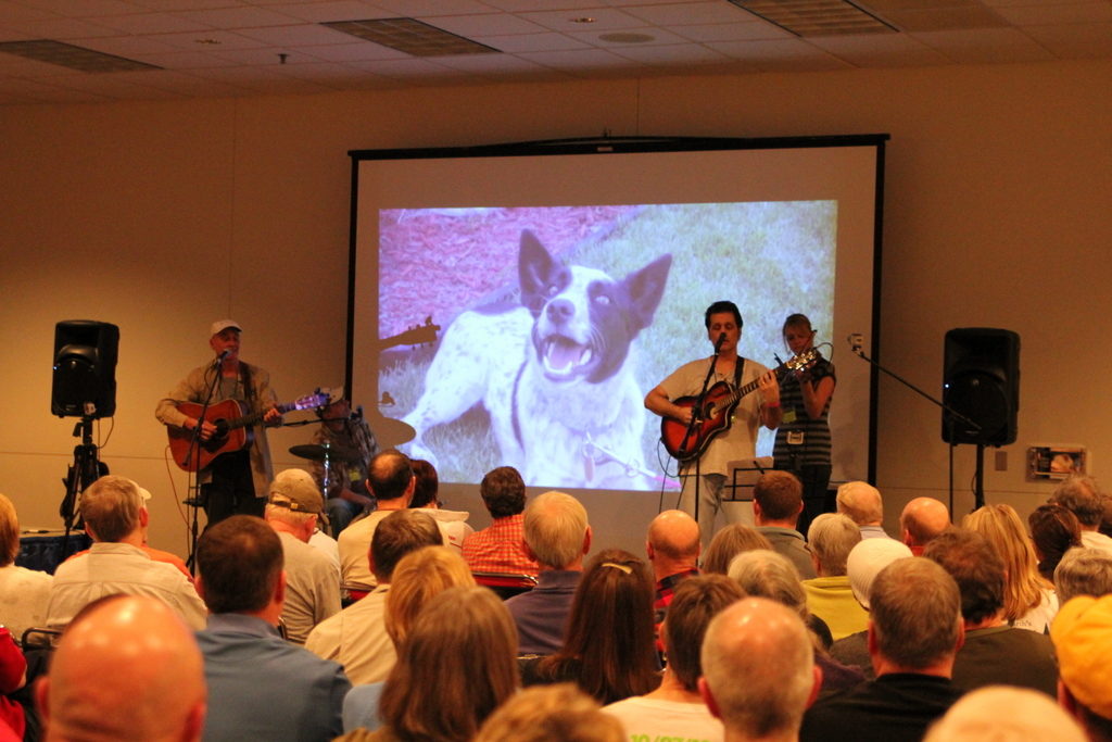 Jerry Vandiver did three shows over the weekend, but Saturday's performance was the place to be. Not only for the great camping and paddling songs, but the place was packed because of an upcoming special guest. Pictured is one of the canoe dogs they featured during the song Molly and Me about the bond created when we take our canine friends with us paddling. 