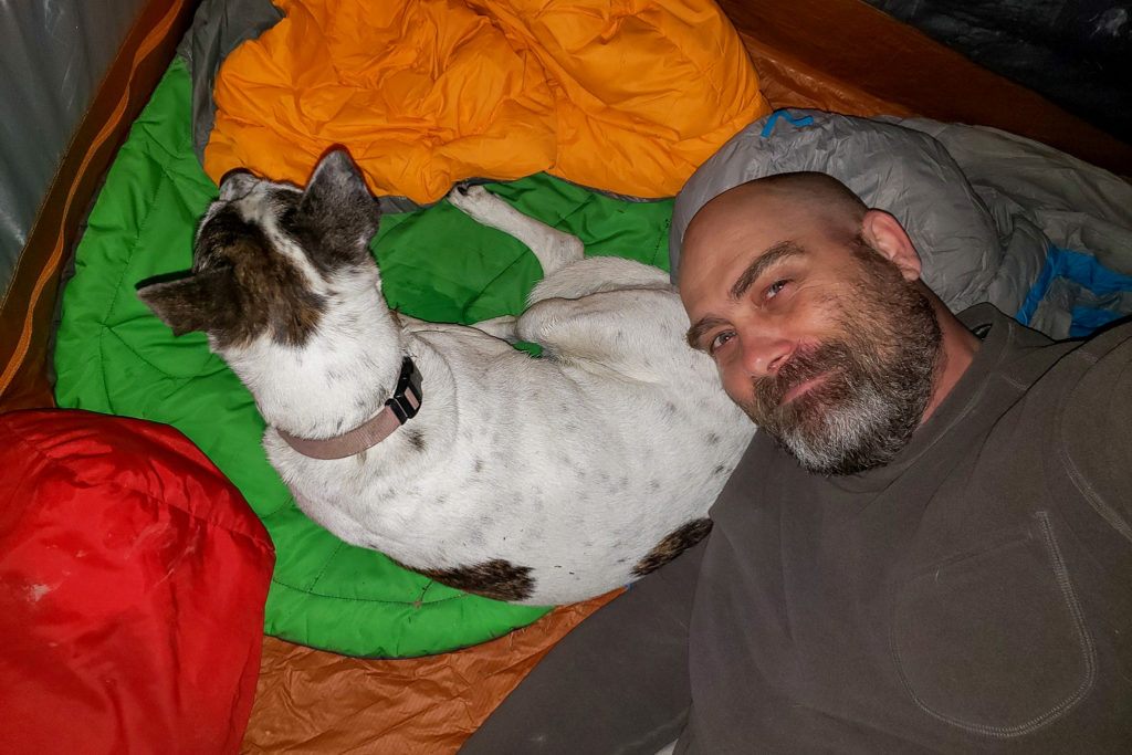 Nancy the dog and Preston curl up inside a tent among sleeping bags