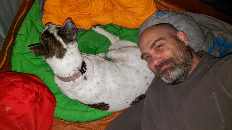 Nancy the dog and Preston curl up inside a tent among sleeping bags