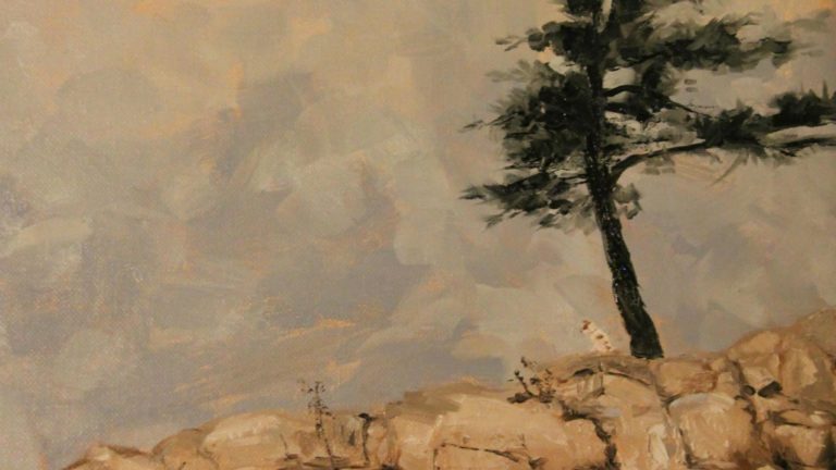 painting of a dog and a tree on rocks