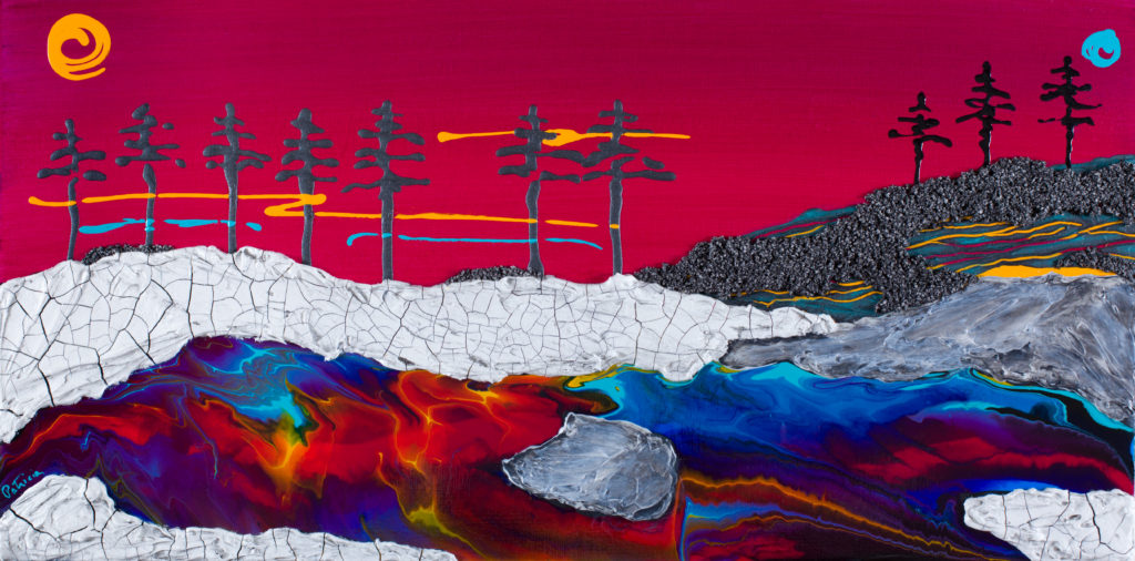Painting of red background with black trees on white rocks, by Patricia Gray