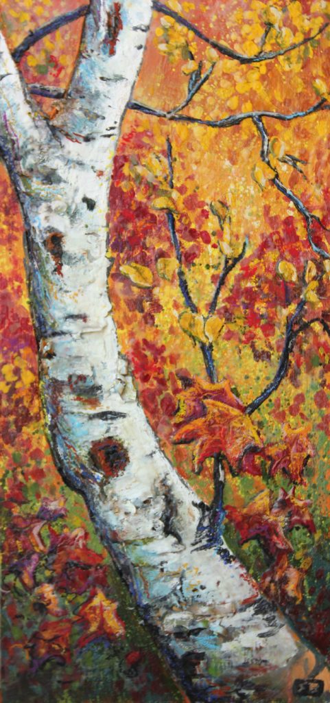 Sarah Blevins Autumn Brillians - yellow and red painting of a birch tree branch