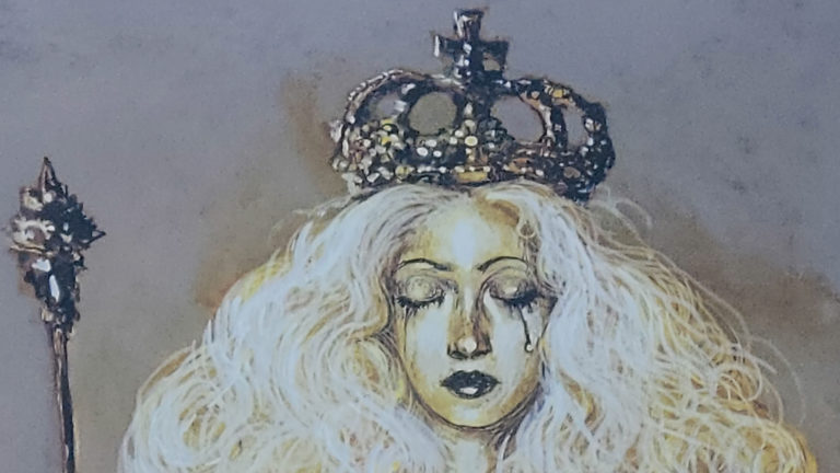 Artistic painting of a crying woman in a crown